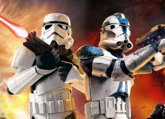 The image shows a Stormtrooper and Clone Trooper firing blasters together.