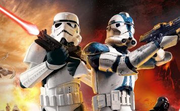 The image shows a Stormtrooper and Clone Trooper firing blasters together.