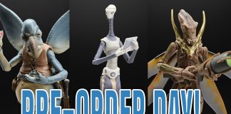 Three Star Wars The Black Series action figures from Attack of the Clones featuring Watto, a Geonosian Warrior, and Taun We in their window box packaging.