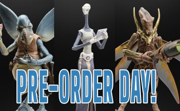 Three Star Wars The Black Series action figures from Attack of the Clones featuring Watto, a Geonosian Warrior, and Taun We in their window box packaging.