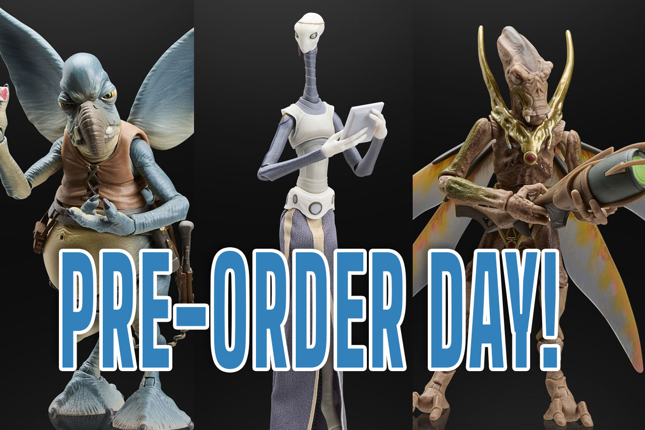 Three Star Wars The Black Series action figures from Attack of the Clones featuring Watto, a Geonosian Warrior, and Taun We in their window box packaging.