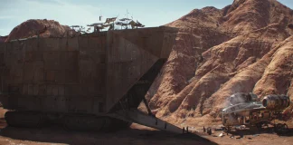 Large brown Star Wars Sandcrawler vehicle on a desert landscape with The Mandalorian and Jawas.