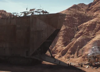 Rumor: Massive LEGO Star Wars Sandcrawler 2026 Details Surface Large brown Star Wars Sandcrawler vehicle on a desert landscape with The Mandalorian and Jawas.