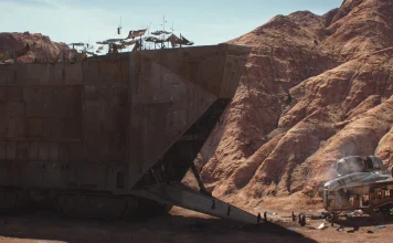 Large brown Star Wars Sandcrawler vehicle on a desert landscape with The Mandalorian and Jawas.