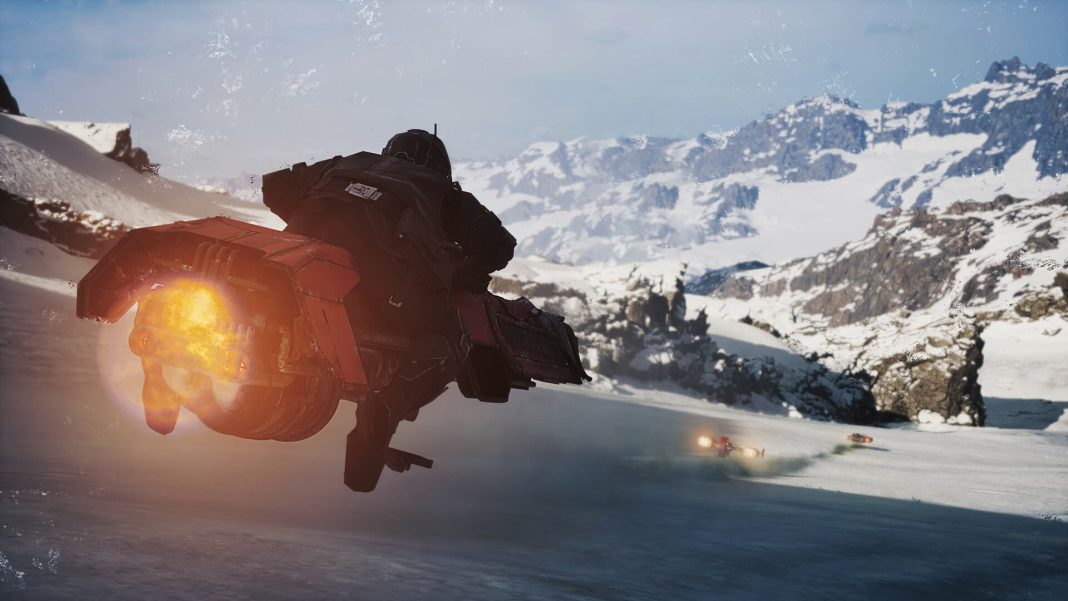 A third-person perspective of a high-speed speeder bike racing across a snow-covered mountain valley in Star Wars Galactic Racer.