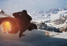 A third-person perspective of a high-speed speeder bike racing across a snow-covered mountain valley in Star Wars Galactic Racer.