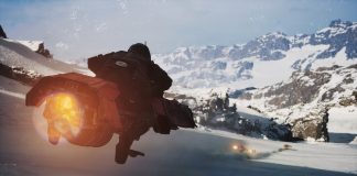 A third-person perspective of a high-speed speeder bike racing across a snow-covered mountain valley in Star Wars Galactic Racer.