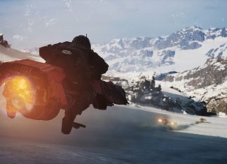 A third-person perspective of a high-speed speeder bike racing across a snow-covered mountain valley in Star Wars Galactic Racer.