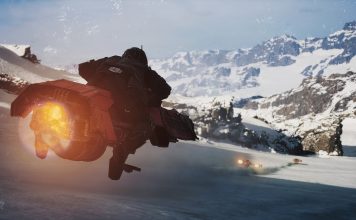 A third-person perspective of a high-speed speeder bike racing across a snow-covered mountain valley in Star Wars Galactic Racer.