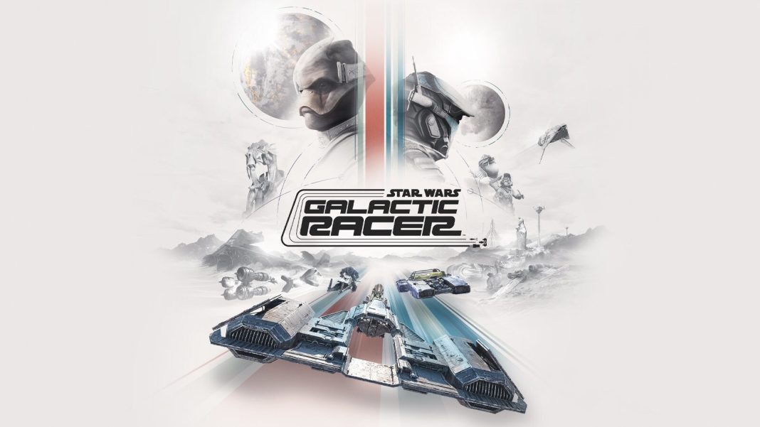 Official key art for Star Wars: Galactic Racer featuring a centralized logo over a high-speed repulsorcraft race on a desert planet, with character portraits of Shade and a rival pilot in the background.