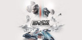 Official key art for Star Wars: Galactic Racer featuring a centralized logo over a high-speed repulsorcraft race on a desert planet, with character portraits of Shade and a rival pilot in the background.