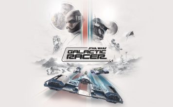 Official key art for Star Wars: Galactic Racer featuring a centralized logo over a high-speed repulsorcraft race on a desert planet, with character portraits of Shade and a rival pilot in the background.