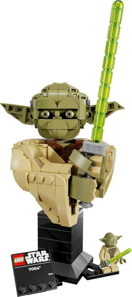 A detailed front view of the LEGO Star Wars Yoda Bust (75438) featuring a brick-built lightsaber and tan robes.