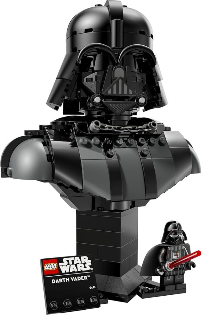A front-facing studio shot of the LEGO Star Wars Darth Vader Bust (75439) with a matching minifigure and display plaque.