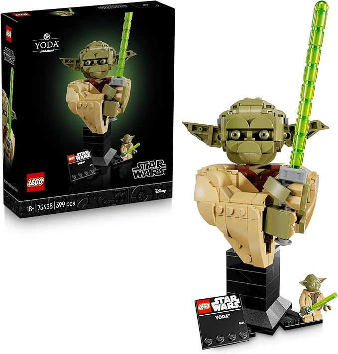 LEGO Star Wars Yoda Bust (75438) box art featuring the Jedi Master with a green lightsaber.