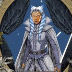 An Elizabethan-style illustration of Ahsoka Tano in intricate silver and white period armor and a high-collared cape. She stands framed by dark theater curtains and a gold ornate border, flanked by smaller figures of Sabine Wren and Shin Hati in 16th-century attire against a starry night sky.