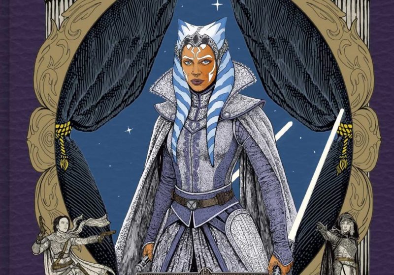 An Elizabethan-style illustration of Ahsoka Tano in intricate silver and white period armor and a high-collared cape. She stands framed by dark theater curtains and a gold ornate border, flanked by smaller figures of Sabine Wren and Shin Hati in 16th-century attire against a starry night sky.