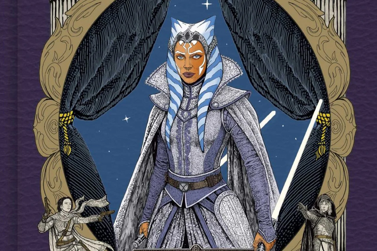 An Elizabethan-style illustration of Ahsoka Tano in intricate silver and white period armor and a high-collared cape. She stands framed by dark theater curtains and a gold ornate border, flanked by smaller figures of Sabine Wren and Shin Hati in 16th-century attire against a starry night sky.