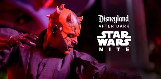 Full Details for Disneyland Star Wars Nite 2026 Darth Maul in a menacing pose during Disneyland After Dark: Star Wars Nite 2026, with the event logo visible in the background.