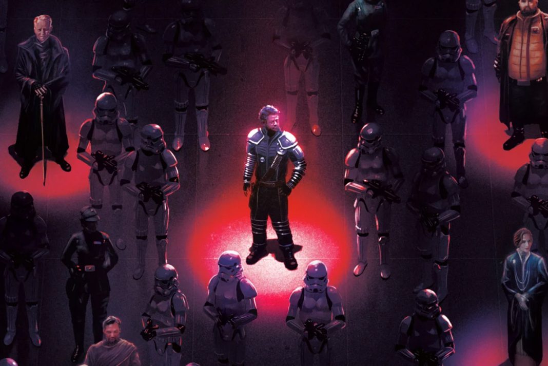 A dramatic Star Wars book cover illustration for Reign of the Empire: Edge of the Abyss featuring Saw Gerrera highlighted in a red spotlight, surrounded by Imperial Stormtroopers, Mon Mothma, Luthen Rael, and Bail Organa in a dark, atmospheric setting.