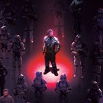 A dramatic Star Wars book cover illustration for Reign of the Empire: Edge of the Abyss featuring Saw Gerrera highlighted in a red spotlight, surrounded by Imperial Stormtroopers, Mon Mothma, Luthen Rael, and Bail Organa in a dark, atmospheric setting.