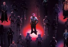 A dramatic Star Wars book cover illustration for Reign of the Empire: Edge of the Abyss featuring Saw Gerrera highlighted in a red spotlight, surrounded by Imperial Stormtroopers, Mon Mothma, Luthen Rael, and Bail Organa in a dark, atmospheric setting.