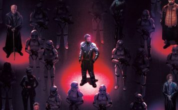 A dramatic Star Wars book cover illustration for Reign of the Empire: Edge of the Abyss featuring Saw Gerrera highlighted in a red spotlight, surrounded by Imperial Stormtroopers, Mon Mothma, Luthen Rael, and Bail Organa in a dark, atmospheric setting.