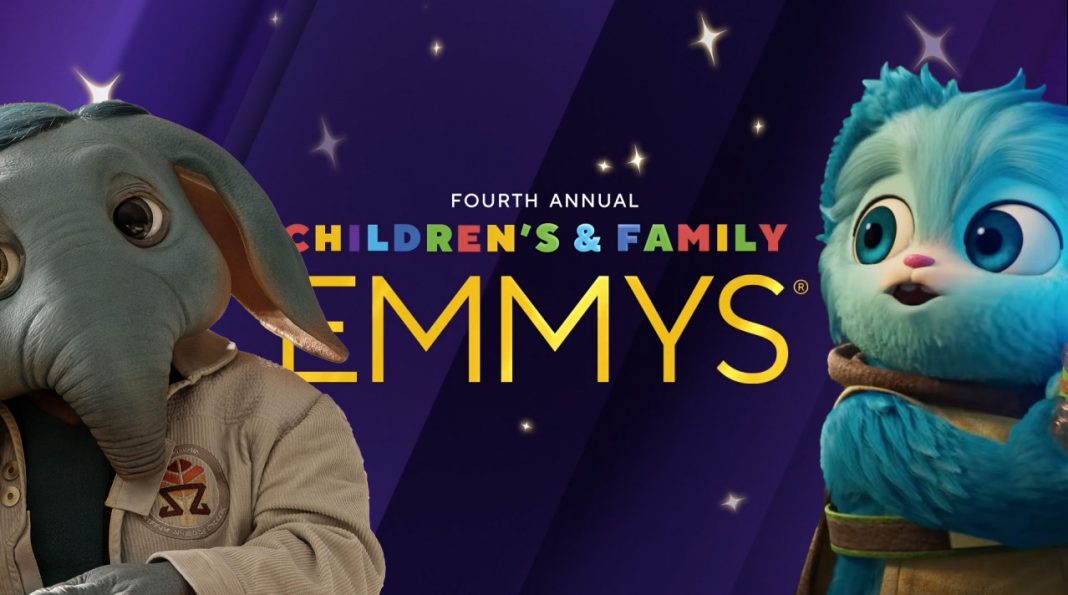 A promotional graphic for the Fourth Annual Children's & Family Emmys featuring Neel from Star Wars: Skeleton Crew and Nubs from Star Wars: Young Jedi Adventures.