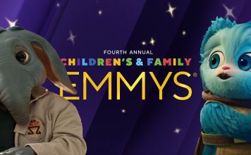 A promotional graphic for the Fourth Annual Children's & Family Emmys featuring Neel from Star Wars: Skeleton Crew and Nubs from Star Wars: Young Jedi Adventures.