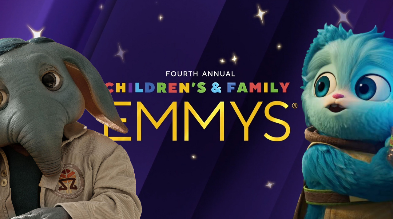A promotional graphic for the Fourth Annual Children's & Family Emmys featuring Neel from Star Wars: Skeleton Crew and Nubs from Star Wars: Young Jedi Adventures.