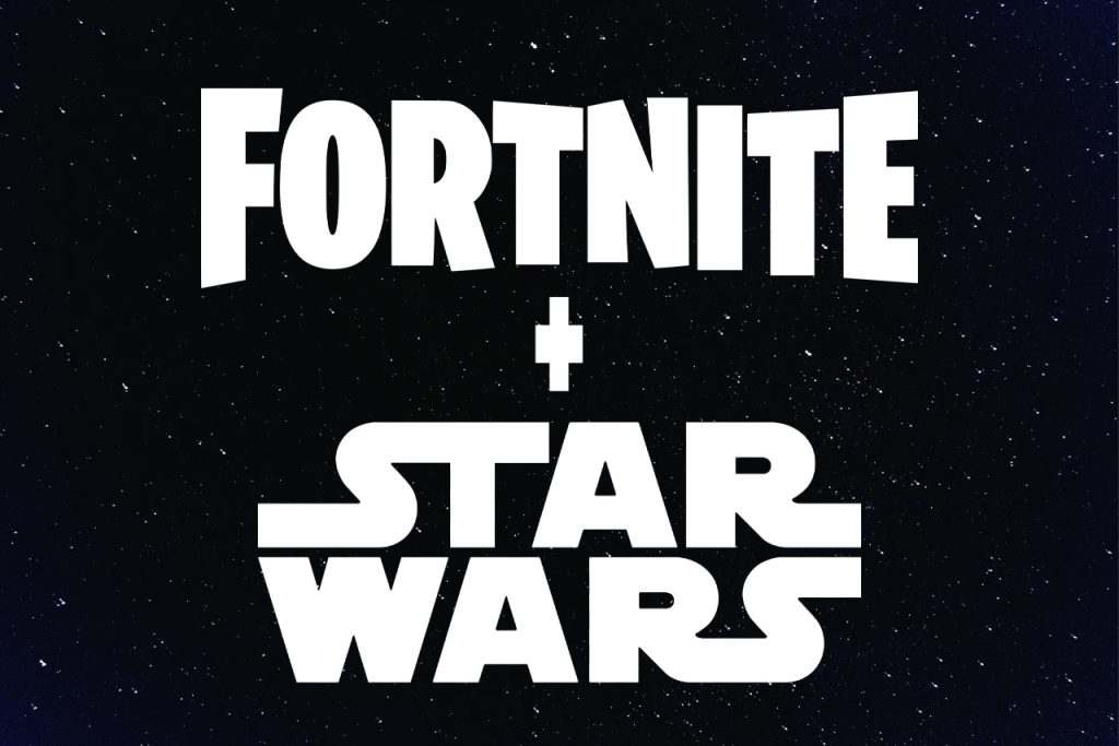 Gemini said Image Optimization Details Alt Text The white Fortnite and Star Wars logos separated by a plus sign against a dark, starry space background.