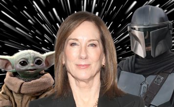 A cinematic shot featuring a Mandalorian, the small, green character Grogu, and Kathleen Kennedy.