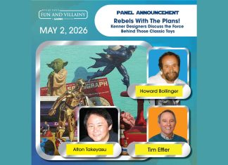 Promotional graphic for the Rogue Fun II Kenner Designers Panel featuring photos of Howard Bollinger, Alton Takeyasu, and Tim Effler against a backdrop of vintage Kenner toys.