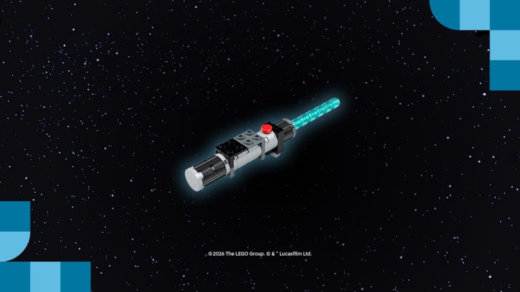 A brick-built LEGO Star Wars Lightsaber model with a glowing blue blade against a starry space background.