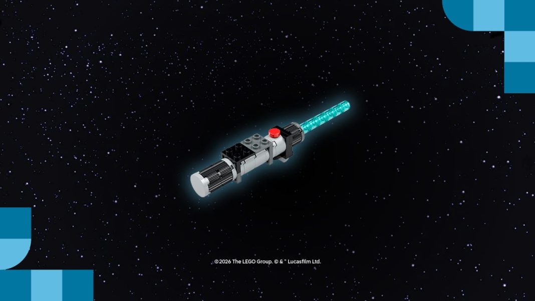 A brick-built LEGO Star Wars Lightsaber model with a glowing blue blade against a starry space background.