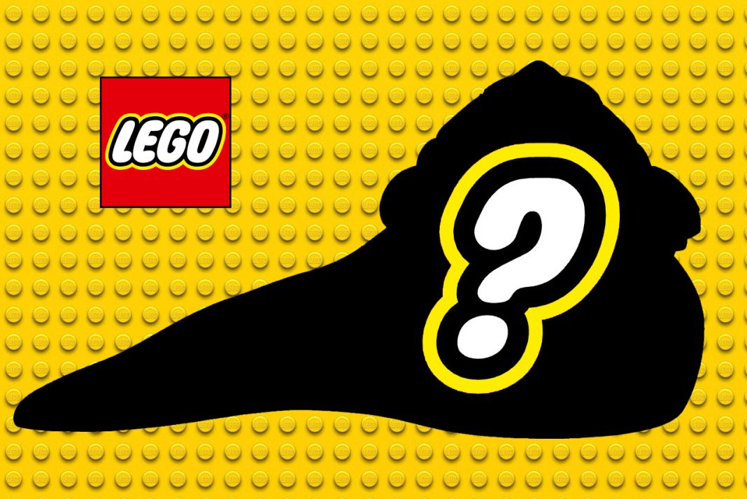 Silhouette of a LEGO Hutt figure with a question mark on a yellow LEGO stud background, featuring the LEGO logo.