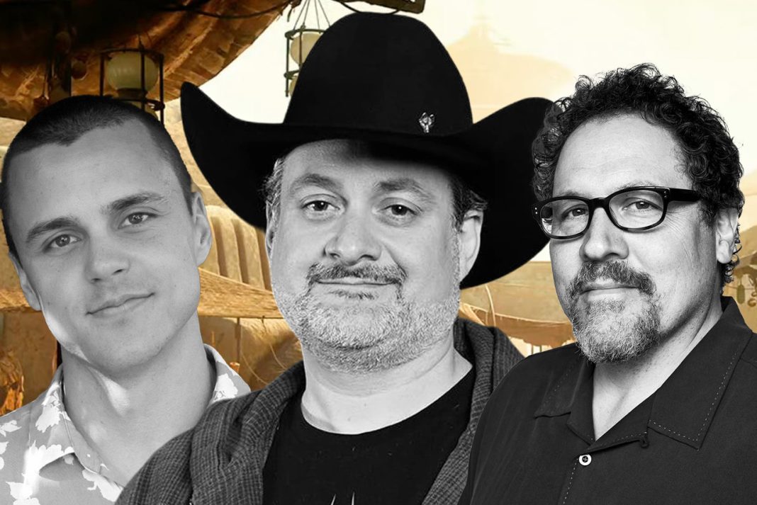 A black and white composite image featuring three men: Noah Kloor, Dave Filoni wearing his signature black cowboy hat, and Jon Favreau. They are positioned against a blurred, tan-colored Star Wars-themed background.