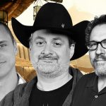 A black and white composite image featuring three men: Noah Kloor, Dave Filoni wearing his signature black cowboy hat, and Jon Favreau. They are positioned against a blurred, tan-colored Star Wars-themed background.