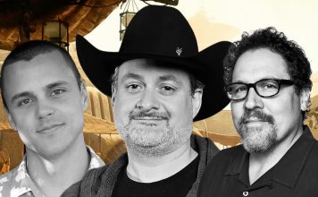 A black and white composite image featuring three men: Noah Kloor, Dave Filoni wearing his signature black cowboy hat, and Jon Favreau. They are positioned against a blurred, tan-colored Star Wars-themed background.