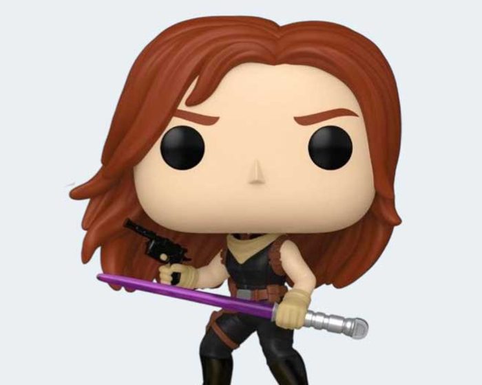 Star Wars Legends Mara Jade Funko Pop figure #839 holding a purple lightsaber and blaster.