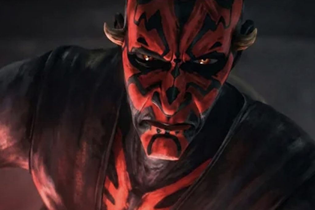 Close-up of Darth Maul in Star Wars: Maul – Shadow Lord, showing his iconic red and black facial markings, intense orange eyes, and the textured, painterly animation style of the new series.