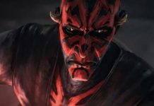 Close-up of Darth Maul in Star Wars: Maul – Shadow Lord, showing his iconic red and black facial markings, intense orange eyes, and the textured, painterly animation style of the new series.