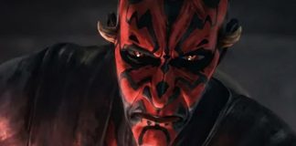 Close-up of Darth Maul in Star Wars: Maul – Shadow Lord, showing his iconic red and black facial markings, intense orange eyes, and the textured, painterly animation style of the new series.