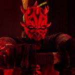 Close-up of Darth Maul with glowing red eyes, gripping a lightsaber hilt in a dark, atmospheric setting from the Star Wars: Maul Shadow Lord series.