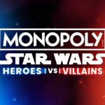 Official logo for Monopoly Star Wars Heroes vs Villains featuring a split blue and red galactic background representing the light and dark sides.
