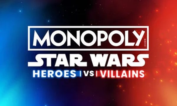 Official logo for Monopoly Star Wars Heroes vs Villains featuring a split blue and red galactic background representing the light and dark sides.
