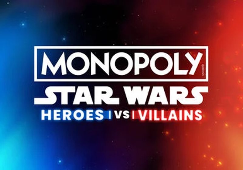 Official logo for Monopoly Star Wars Heroes vs Villains featuring a split blue and red galactic background representing the light and dark sides.