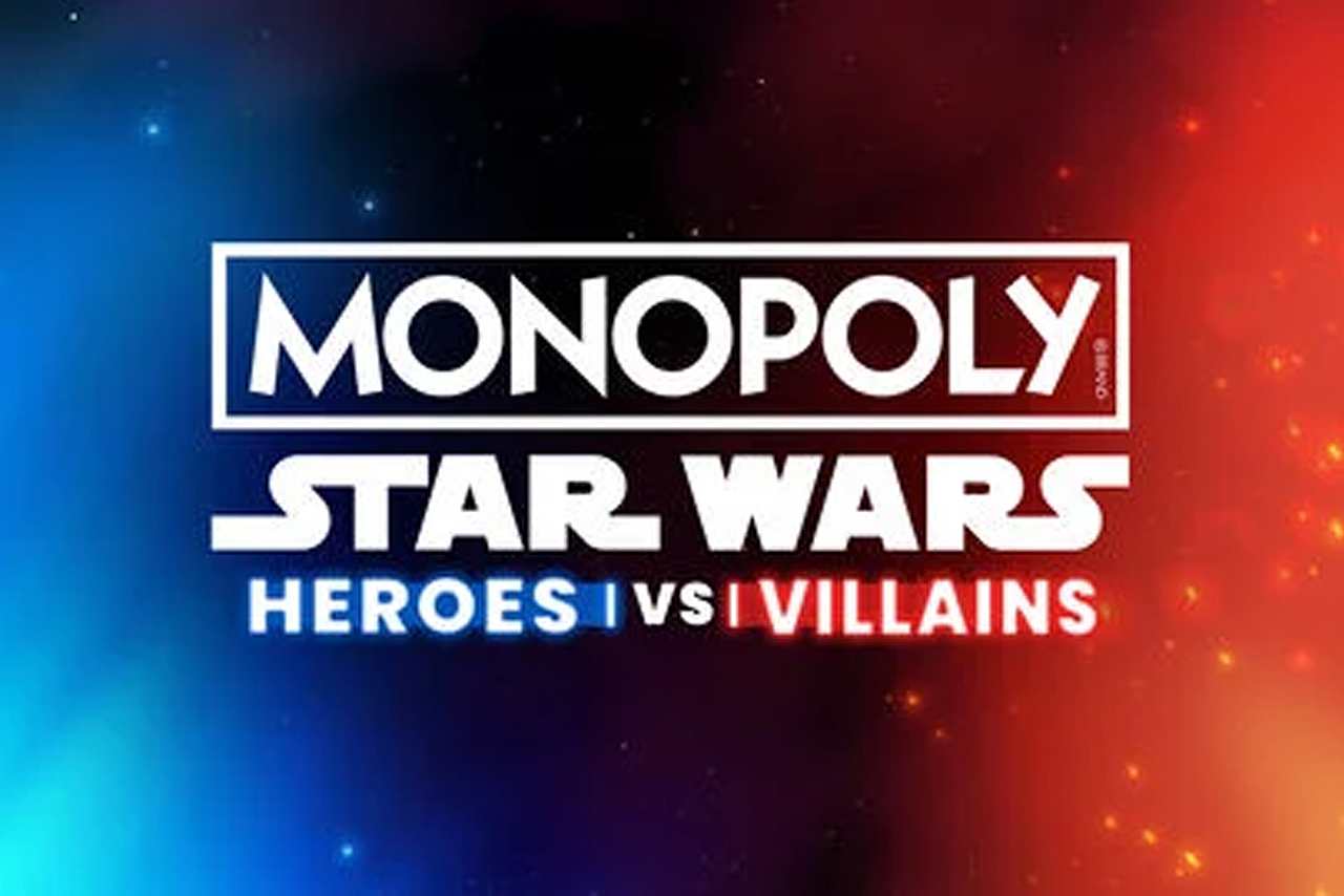 Official logo for Monopoly Star Wars Heroes vs Villains featuring a split blue and red galactic background representing the light and dark sides.