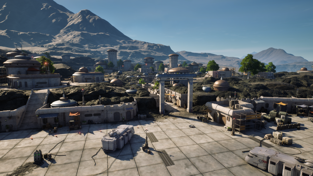 A wide-angle landscape of a Nevarro-inspired city in Fortnite Creative, featuring volcanic rock terrain, rounded dome buildings, and a large landing pad with Imperial-style transports.