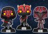 New Star Wars Funko Pops 2026: Maul Shadow Lord and Retro Icons Revealed Three Star Wars Funko Pop! figures from the Shadow Collective against a starry space background: Maul wearing a black hooded robe with a red lightsaber, a Zabrak warrior (Icarus) holding a large gatling-style blaster, and Rook Kast in her signature purple and red Mandalorian armor.